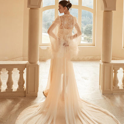 Women's Ostrich Feather Light Gauze Pajama Suspender Set